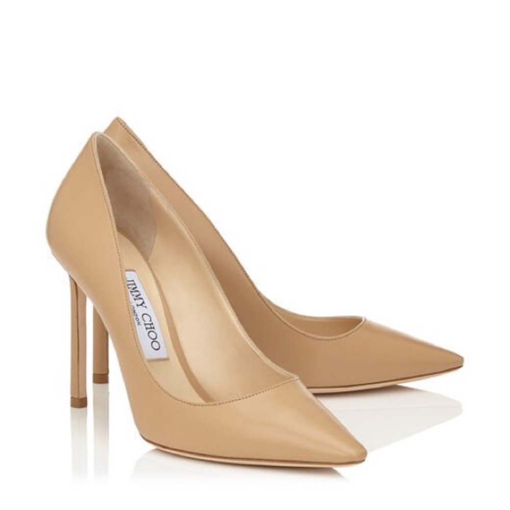 JIMMY CHOO Romy 100 Nude Leather Pointy Toe Pumps